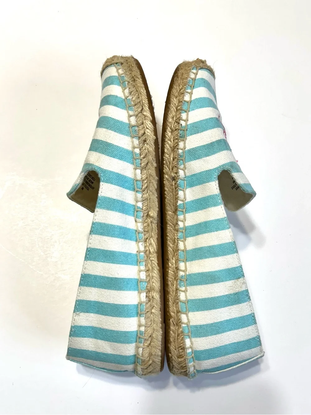 Talbots Striped Aqua & White Espadrille Slip-Ons with Pink Crab Embroidery